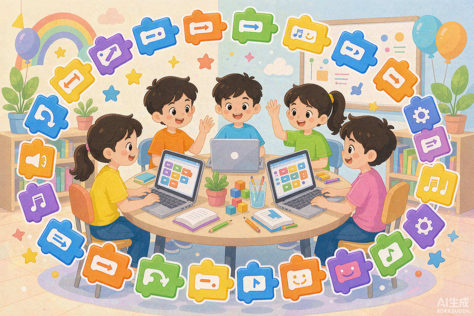 孩子们在教室中学习图形化编程
