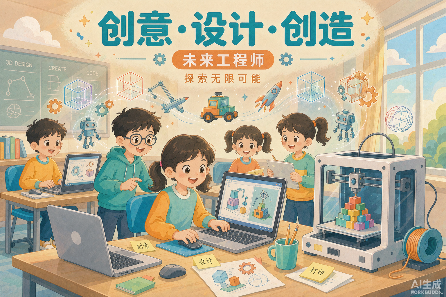 孩子们在教室用电脑进行 3D 建模与 3D 打印